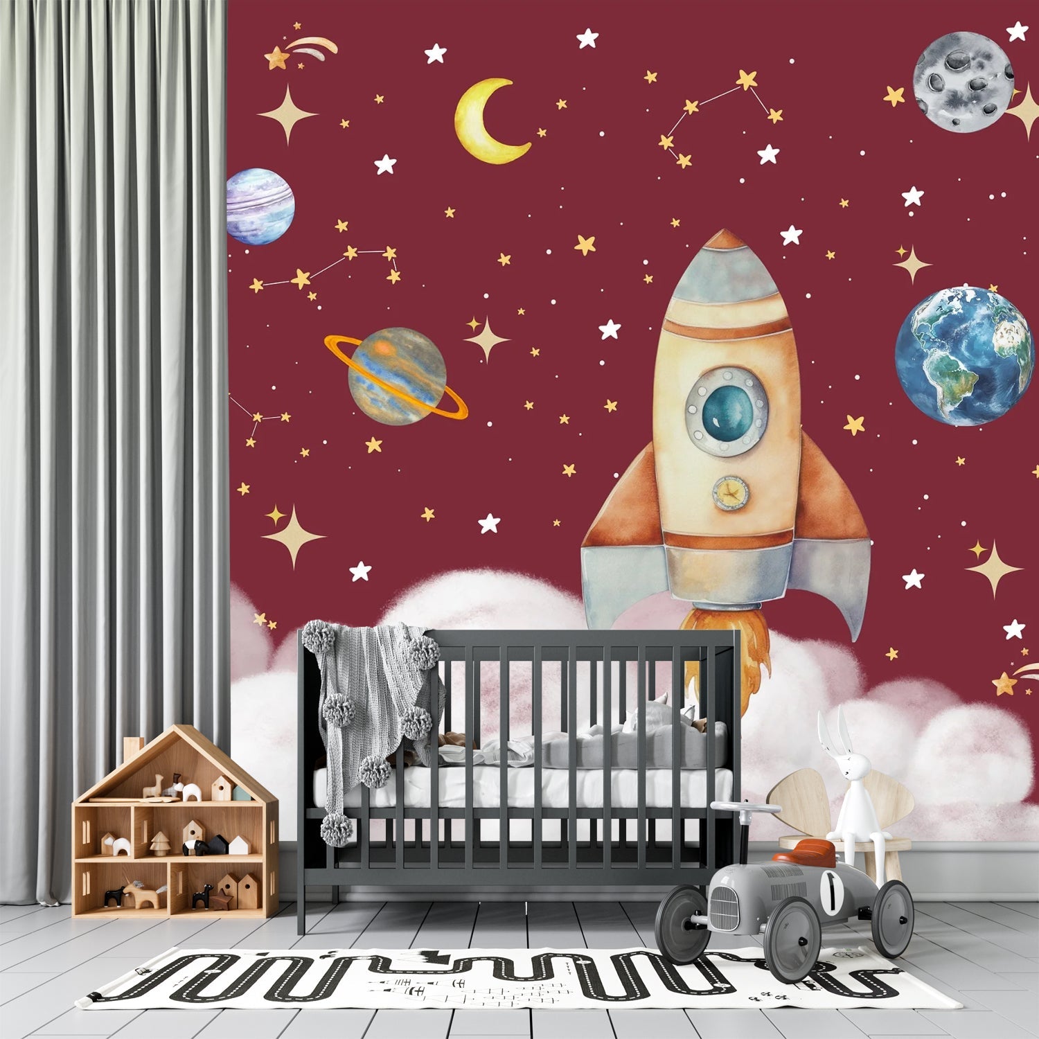 Whimsical cartoon rocket ship with planets and stars on dreamy blue background - view 15 - final