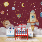 Whimsical cartoon rocket ship with planets and stars on dreamy blue background - view 17 - final