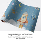 Whimsical cartoon rocket ship with planets and stars on dreamy blue background - view 5 - final