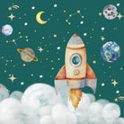 Whimsical cartoon rocket ship with planets and stars on dreamy blue background - view 9 - final