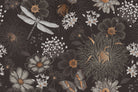 Vintage botanical pattern with dragonflies and daisies on deep teal background with delicate details - view 15 - repeat-original - final