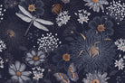Vintage botanical pattern with dragonflies and daisies on deep teal background with delicate details - view 26 - repeat-small - final