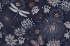 Vintage botanical pattern with dragonflies and daisies on deep teal background with delicate details - view 29 - repeat-original - final