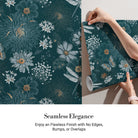Vintage botanical pattern with dragonflies and daisies on deep teal background with delicate details - view 4 - final