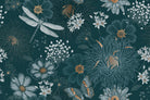 Vintage botanical pattern with dragonflies and daisies on deep teal background with delicate details - view 8 - repeat-small - final