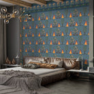 Repeating pattern of orange teepees and decorative trees on brown background with traditional border - view 11 - final