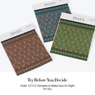 Repeating pattern of orange teepees and decorative trees on brown background with traditional border - view 19 - final all-groups samples