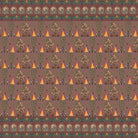 Repeating pattern of orange teepees and decorative trees on brown background with traditional border - view 2 - final