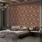 Repeating pattern of orange teepees and decorative trees on brown background with traditional border - final bed-room