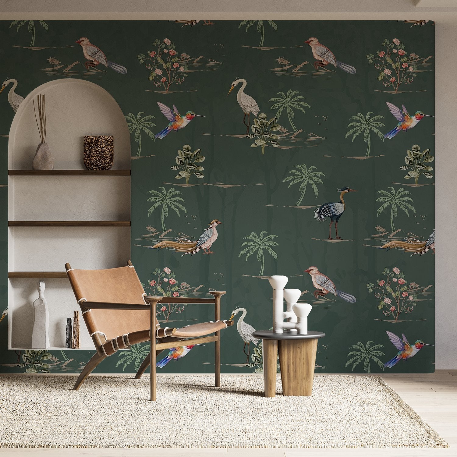 Delicate watercolor birds and palm trees on cream background with botanical tropical elements - view 20 - final