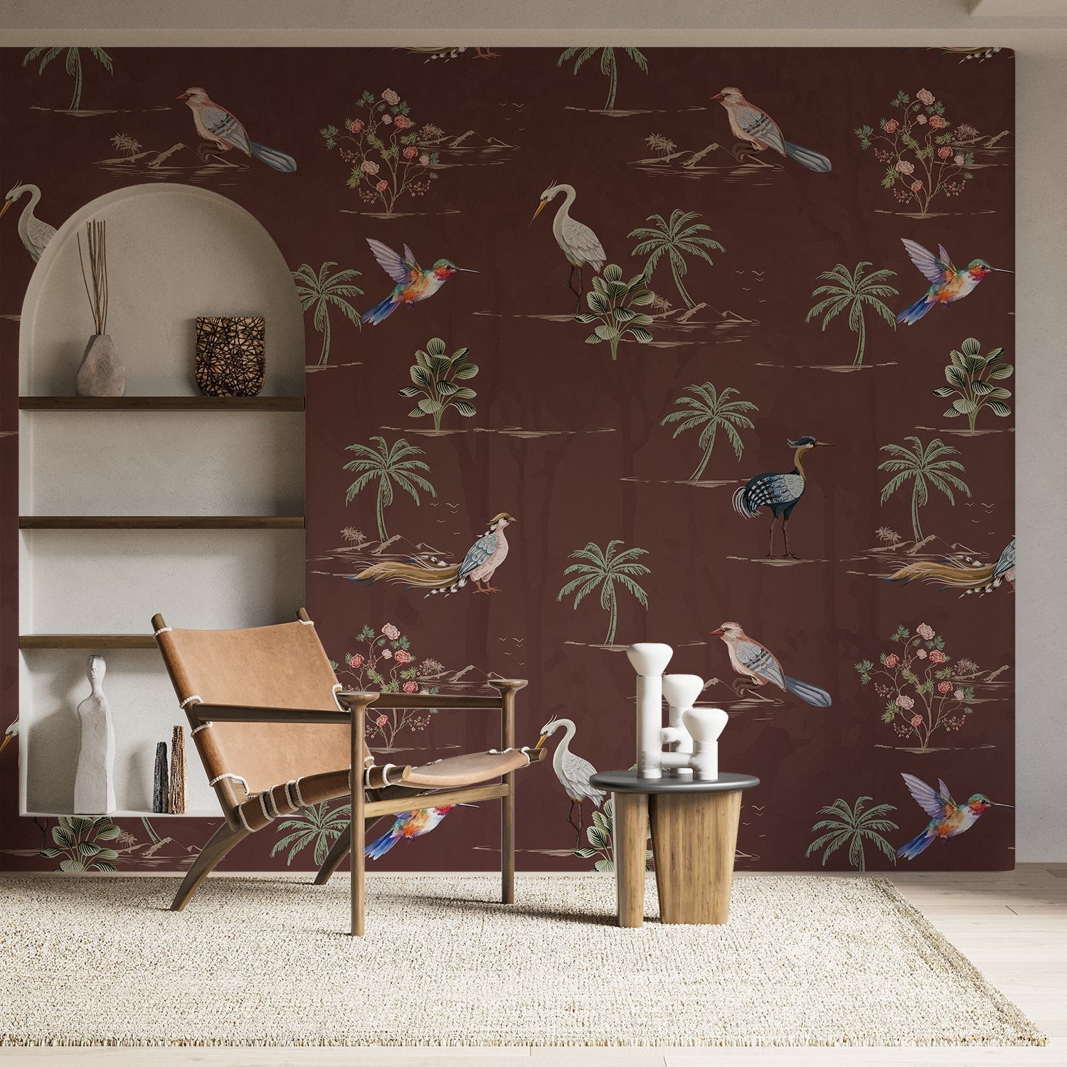 Delicate watercolor birds and palm trees on cream background with botanical tropical elements - view 25 - final