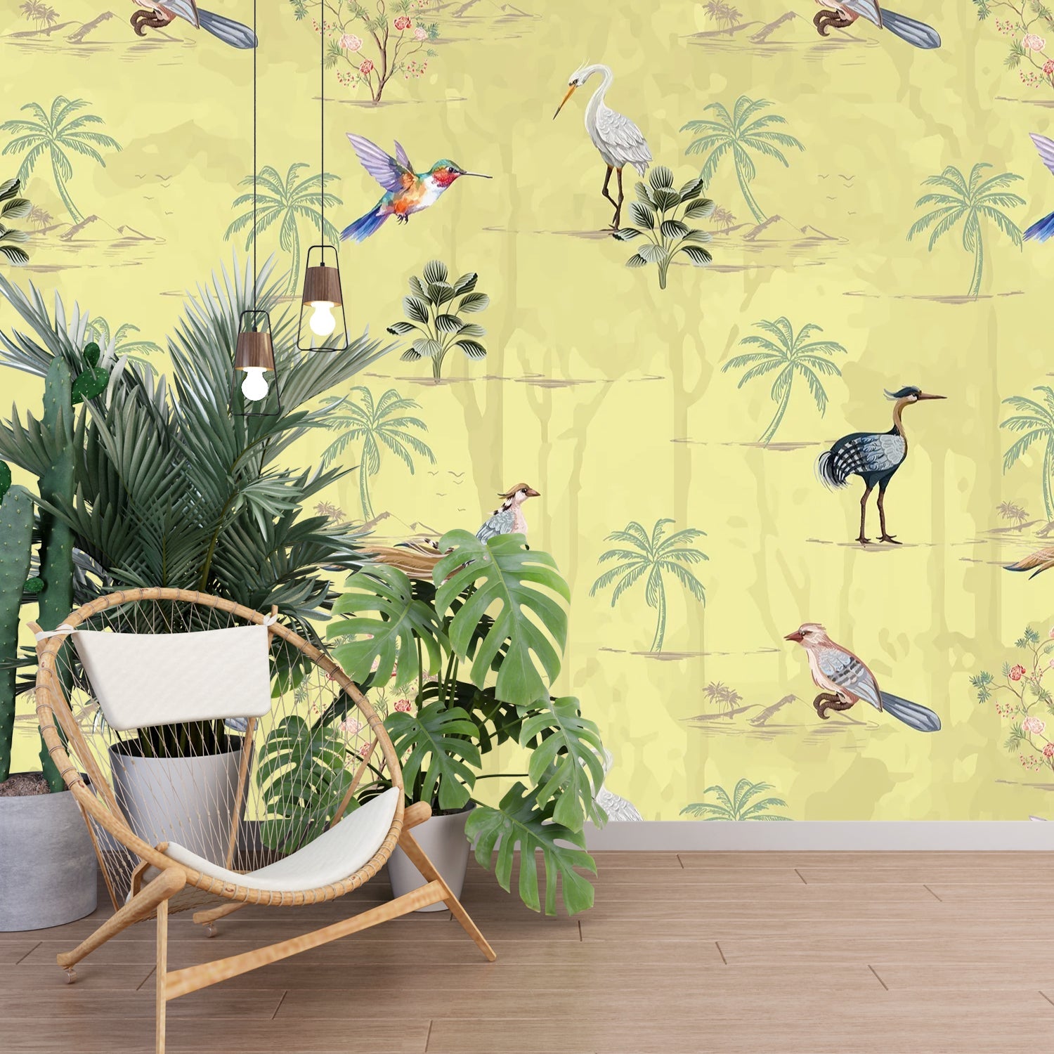 Delicate watercolor birds and palm trees on cream background with botanical tropical elements - view 9 - final