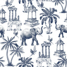 Navy blue toile pattern featuring elephants, palm trees and classical monuments on white background - view 6 - repeat-original - final