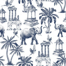 Navy blue toile pattern featuring elephants, palm trees and classical monuments on white background - view 7 - repeat-small - final