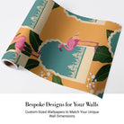 Pink flamingos with tropical leaves on mustard background featuring teal Mughal-inspired architectural elements - view 4 - final