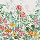 Botanical wall mural with pink dahlias, yellow daisies and tropical palm leaves on white - view 2 - final
