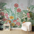 Botanical wall mural with pink dahlias, yellow daisies and tropical palm leaves on white - final hobby-room