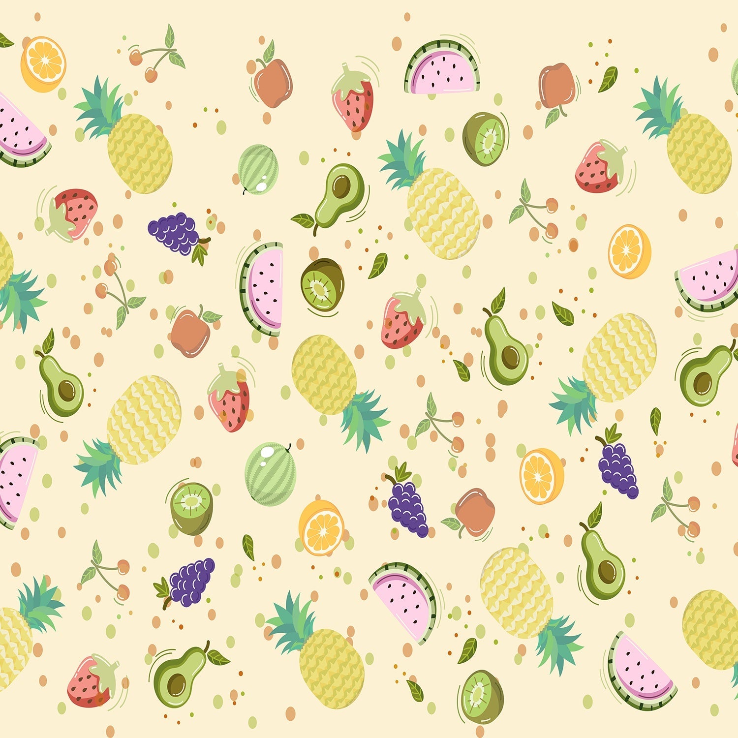 Cheerful scattered pattern with pineapples watermelons strawberries avocados and citrus on cream background - view 8 - final