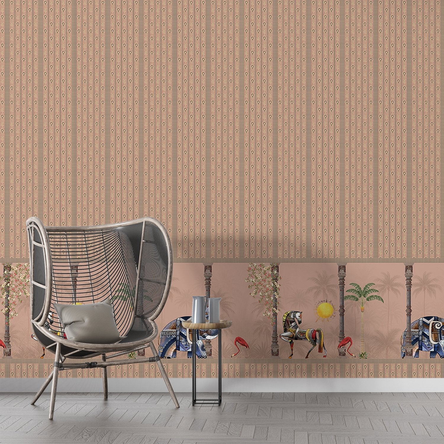 Blush pink striped wall with decorative tropical palm border featuring vintage leisure scenes - final hobby-room