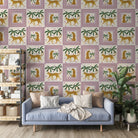 Repeating squares featuring orange leopards and palm trees in vintage safari style layout - view 13 - final