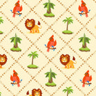 Repeating pattern of cartoon lions and red cardinals with palm trees on beige background - view 2 - final