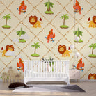 Repeating pattern of cartoon lions and red cardinals with palm trees on beige background - final kids-room