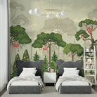 Whimsical jungle scene with monkeys in trees and soft green forest landscape mural - final kids-room