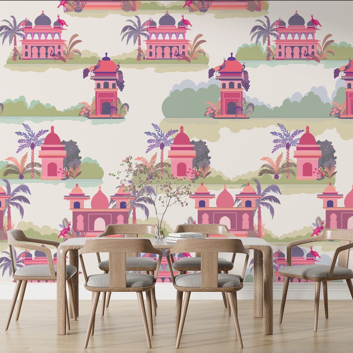 Repeating Indian palaces with palm trees and tropical foliage in warm orange tones - view 10 - final
