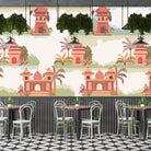 Repeating Indian palaces with palm trees and tropical foliage in warm orange tones - view 13 - final