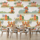 Repeating Indian palaces with palm trees and tropical foliage in warm orange tones - view 3 - final dining-room