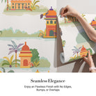 Repeating Indian palaces with palm trees and tropical foliage in warm orange tones - view 4 - final
