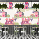 Repeating Indian palaces with palm trees and tropical foliage in warm orange tones - view 8 - final