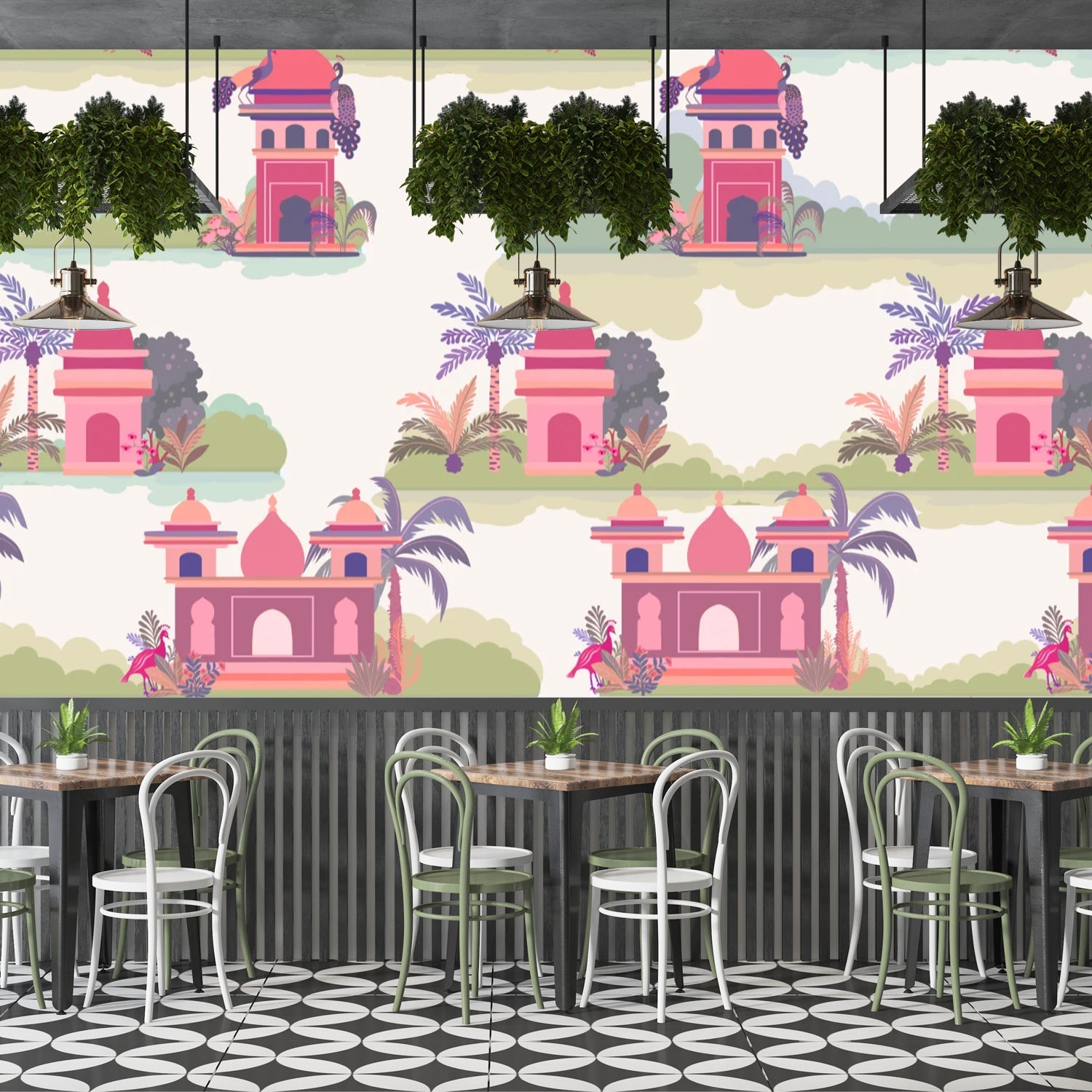 Repeating Indian palaces with palm trees and tropical foliage in warm orange tones - view 8 - final