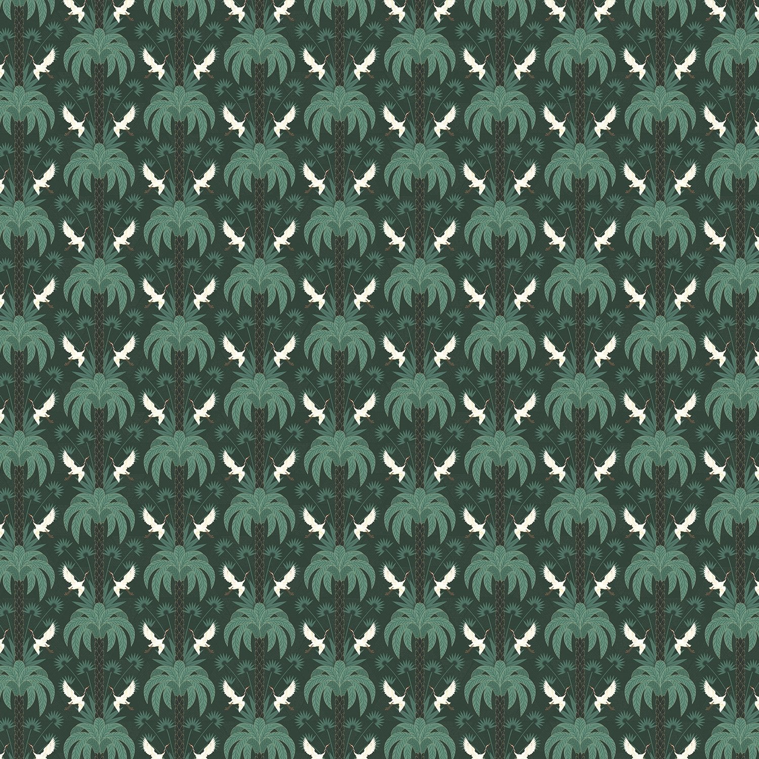Elegant emerald green damask pattern with white birds and palm fronds in symmetrical arrangement - view 2 - final