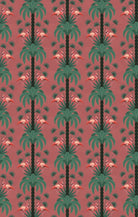 Repeating palm trees and pink flamingo pairs on dark green tropical botanical background - view 14 - repeat-small - final