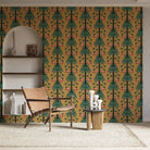 Repeating palm trees and pink flamingo pairs on dark green tropical botanical background - view 17 - final