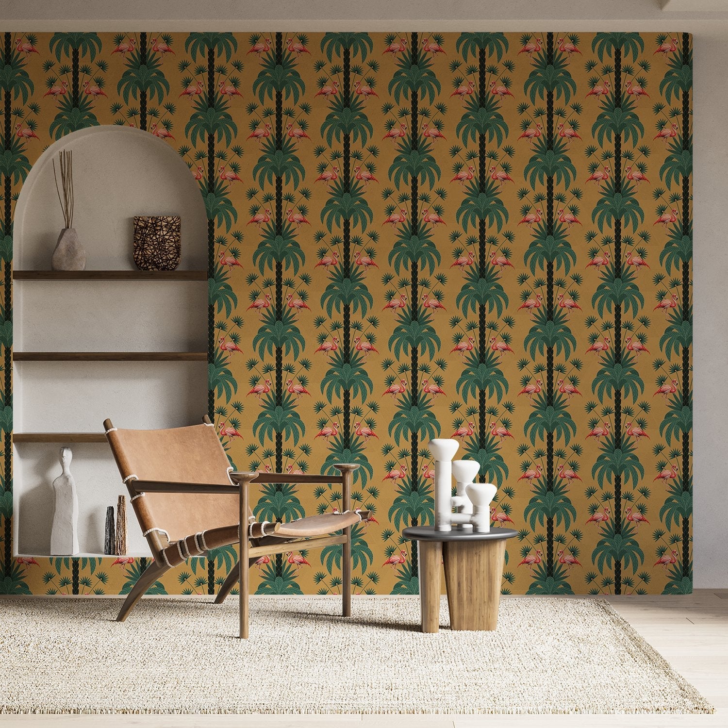 Repeating palm trees and pink flamingo pairs on dark green tropical botanical background - view 17 - final
