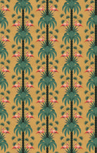 Repeating palm trees and pink flamingo pairs on dark green tropical botanical background - view 19 - repeat-original - final