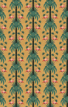 Repeating palm trees and pink flamingo pairs on dark green tropical botanical background - view 20 - repeat-small - final