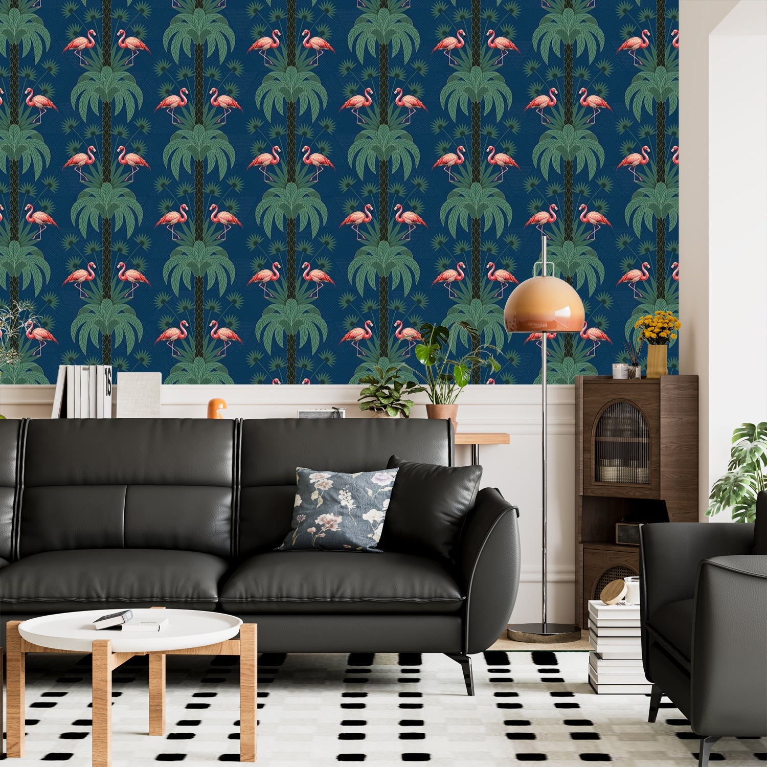 Repeating palm trees and pink flamingo pairs on dark green tropical botanical background - view 22 - final