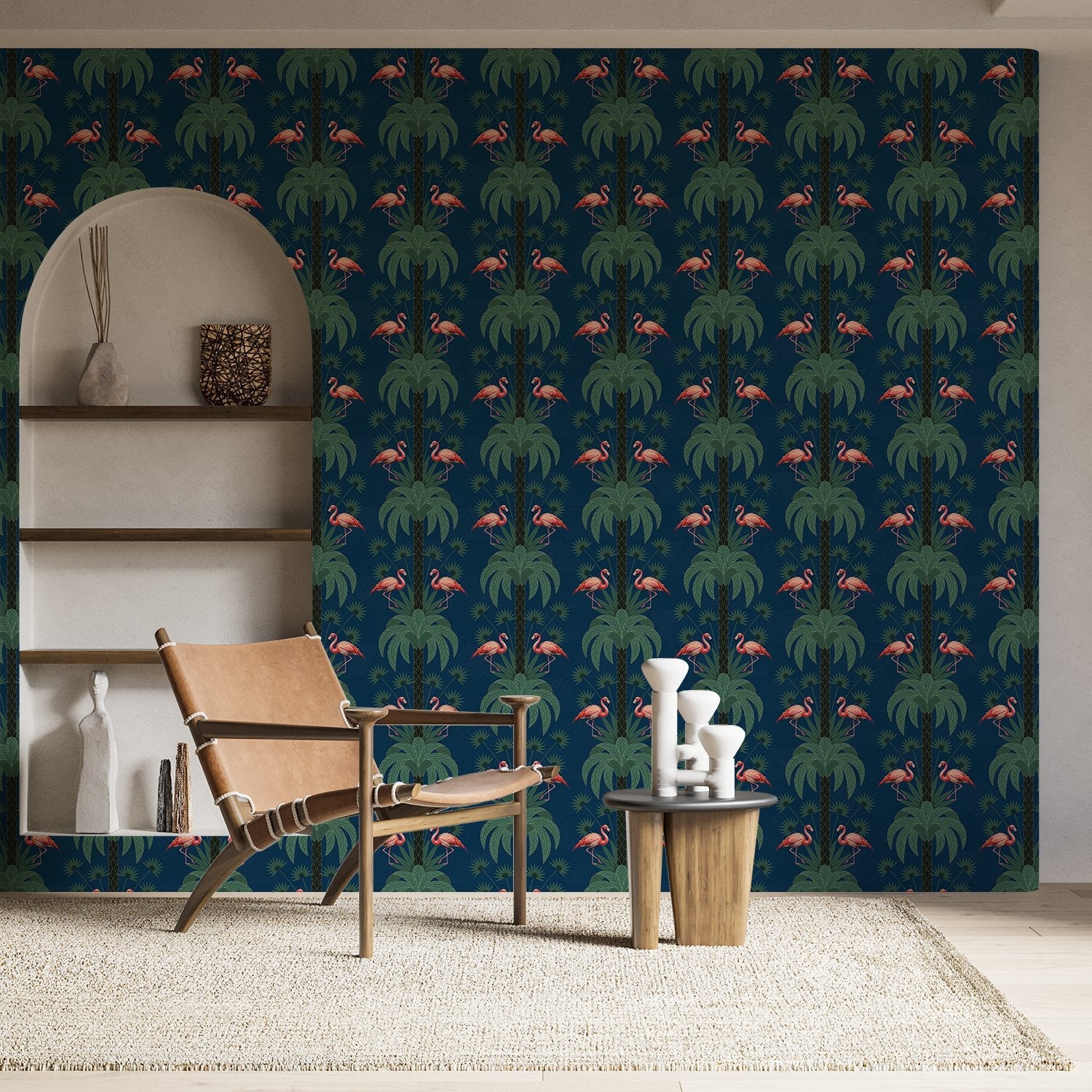 Repeating palm trees and pink flamingo pairs on dark green tropical botanical background - view 24 - final