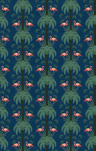 Repeating palm trees and pink flamingo pairs on dark green tropical botanical background - view 26 - repeat-original - final