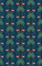 Repeating palm trees and pink flamingo pairs on dark green tropical botanical background - view 27 - repeat-small - final