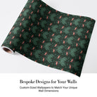 Repeating palm trees and pink flamingo pairs on dark green tropical botanical background - view 5 - final