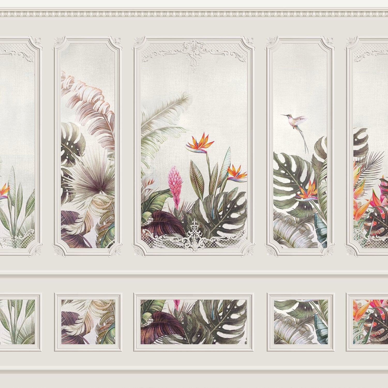 Elegant wall panels featuring tropical birds, monstera leaves and birds of paradise flowers - view 2 - final