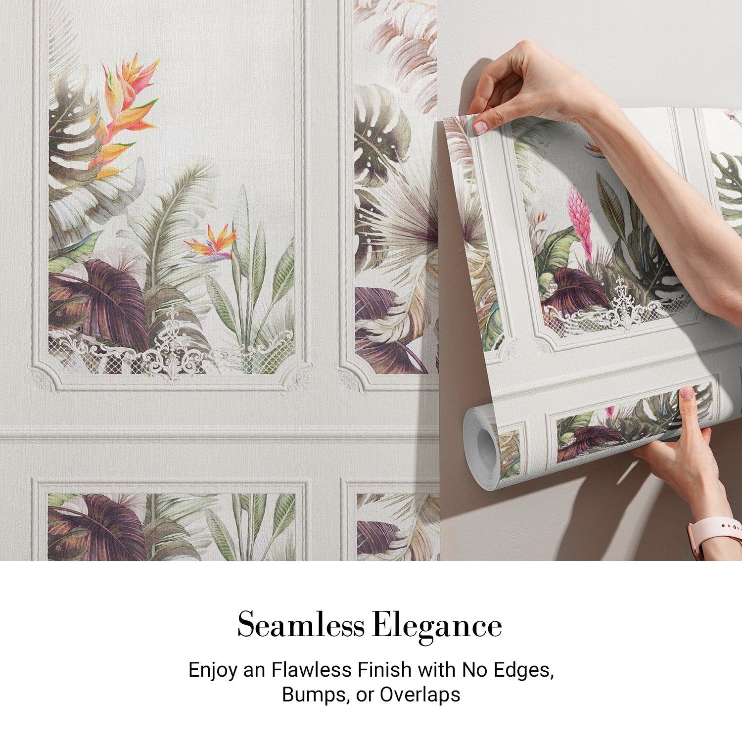 Elegant wall panels featuring tropical birds, monstera leaves and birds of paradise flowers - view 3 - final