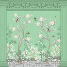 Elegant chinoiserie mural with white blossoms and birds on turquoise background with ornate borders - view 12 - final