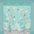 Elegant chinoiserie mural with white blossoms and birds on turquoise background with ornate borders - view 2 - final