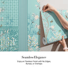 Elegant chinoiserie mural with white blossoms and birds on turquoise background with ornate borders - view 3 - final