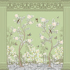 Elegant chinoiserie mural with white blossoms and birds on turquoise background with ornate borders - view 8 - final